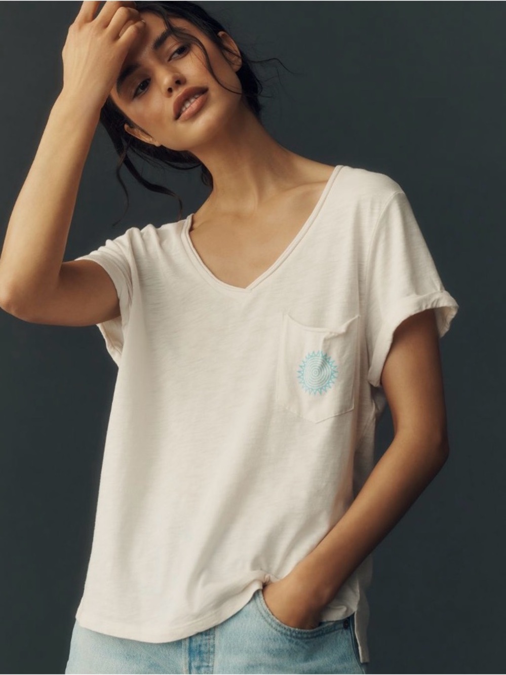 Pilcro Cream V-Neck Pocket Tee with Turquoise Sun Motif
